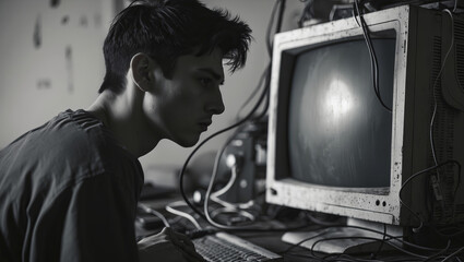 Young man focused on vintage computer in a dimly lit room surrounded by cables and tech equipment