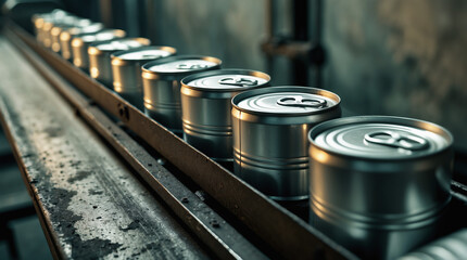 Cans moving along a conveyor belt in a food processing facility during daylight hours