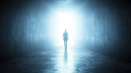 Fototapeta premium The silhouette of a person walking towards a narrow light-filled corridor, high contrast shadows, deep blacks and bright whites