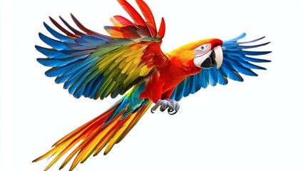 Fototapeta premium Colorful parrot or scarlet macaw flying with wide spread colorful wings, isolated on white background cutout