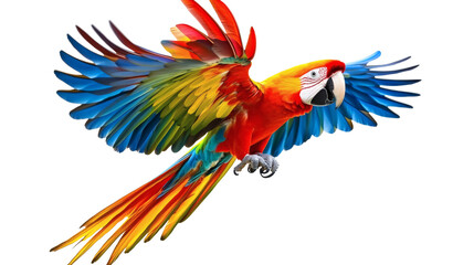 Colorful parrot or scarlet macaw flying with wide spread colorful wings, isolated on white background cutout