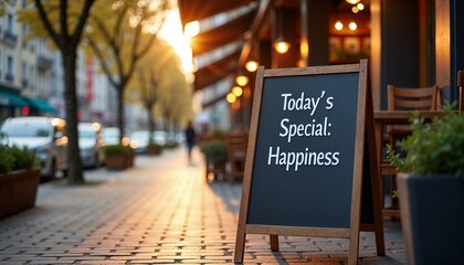 Chalkboard sign at a cafe promoting "Today's Special: Happiness" in a charming street setting
