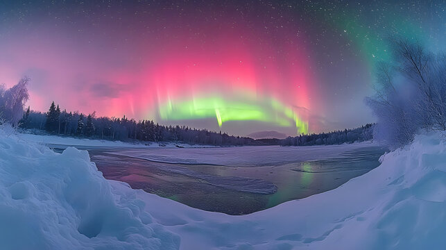 14h A breathtaking view of the Northern Lights dancing above an icy landscape, with vibrant colors lighting up the sky in shades of pink and green. The snow-covered ground reflects these lights.