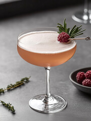 Refreshing cocktail with raspberries and rosemary served in elegant glass on a dark countertop