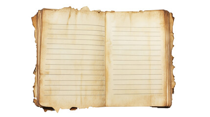 An ancient, weathered torn old vintage burn book with yellowed pages and a worn cover, symbolizing timeless knowledge and history isolated on white background.