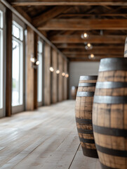 Wooden barrels arranged in a spacious rustic hall with large windows and warm lighting