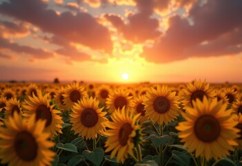 Fototapeta premium vibrant yellow sunflowers populate field under dramatic sky bold colors textured showcasing natural beauty illumination, clouds, landscape, nature