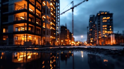 Fototapeta premium Evening Lights Dance on Puddles Amidst Urban Construction Scenes in a City Alive With Growth and Transformation Generative AI