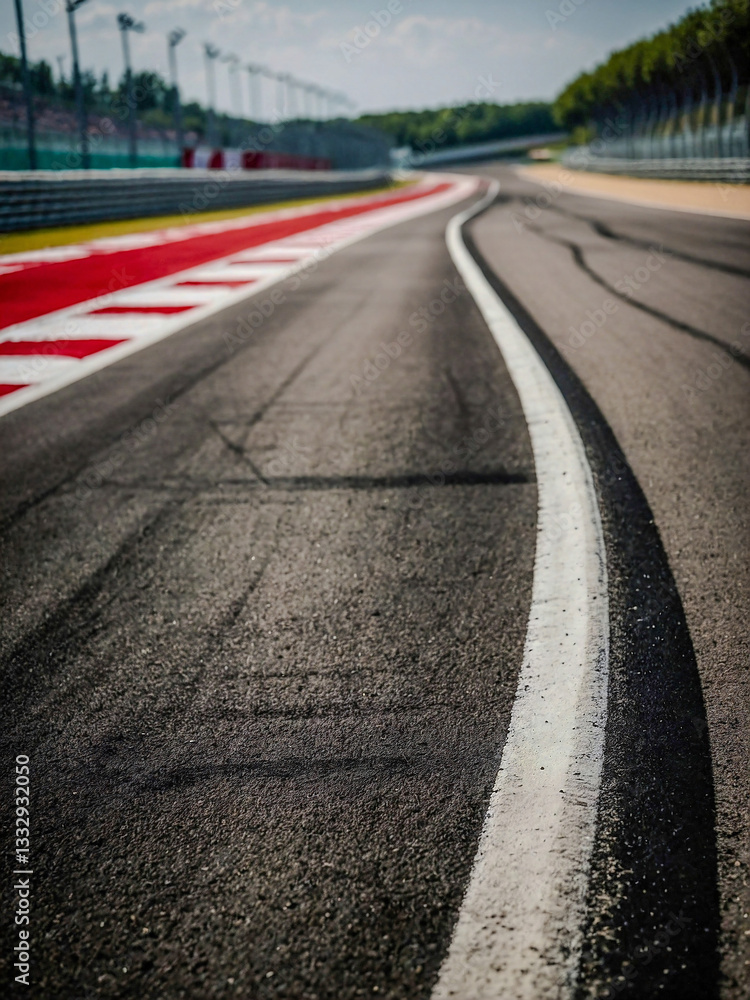 Poster close-up shot of an empty f track, emphasizing racing dynamics