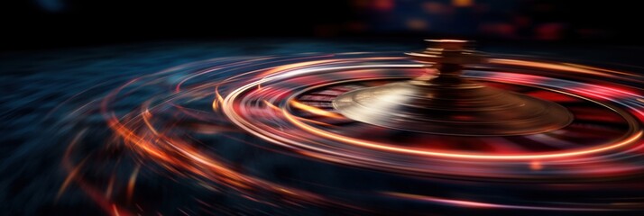 An artistic view of a spinning roulette wheel amidst colorful casino lights, visually capturing the thrill, excitement, and uncertainty associated with gambling and chance.