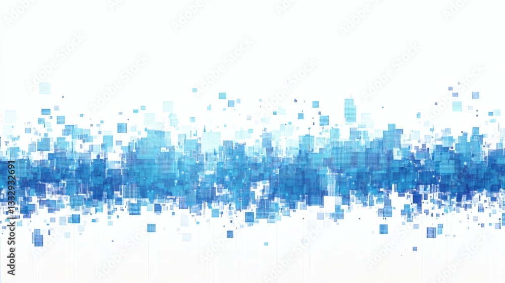 Poster abstract 3d blue square pixel particles scattering, futuristic digital technology pattern isolated o
