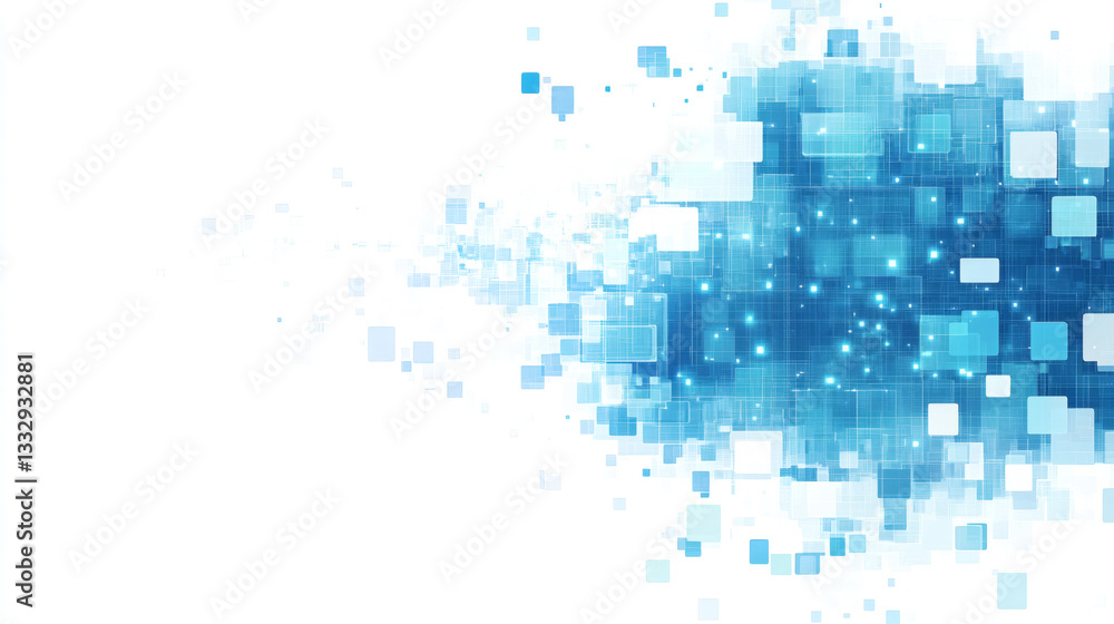 Poster abstract 3d blue square pixel particles scattering, futuristic digital technology pattern isolated o