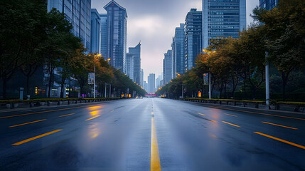 Obraz premium Empty asphalt road through Hangzhou business district