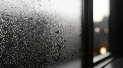 Obraz premium Condensation covers a window, with city lights visible in the background