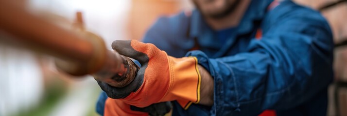 A skilled tradesman grips a plumbing pipe, showcasing precision and expertise in home repairs, embodying the dedication and craftsmanship essential in this profession.