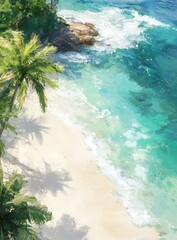Serene Tropical Beach Scene with Crystal Clear Water and Lush Foliage