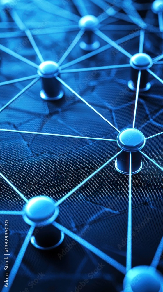 Poster connected points with lines, abstract blue network, depth of field effect