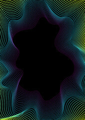 Abstract dotted waves poster. Vector colorful neon waves on black background.