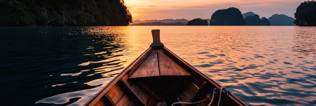 A boat's bow cutting through calm waters at sunset reflects a serene journey, inviting moments of self-reflection and connection to nature's beauty and tranquility.