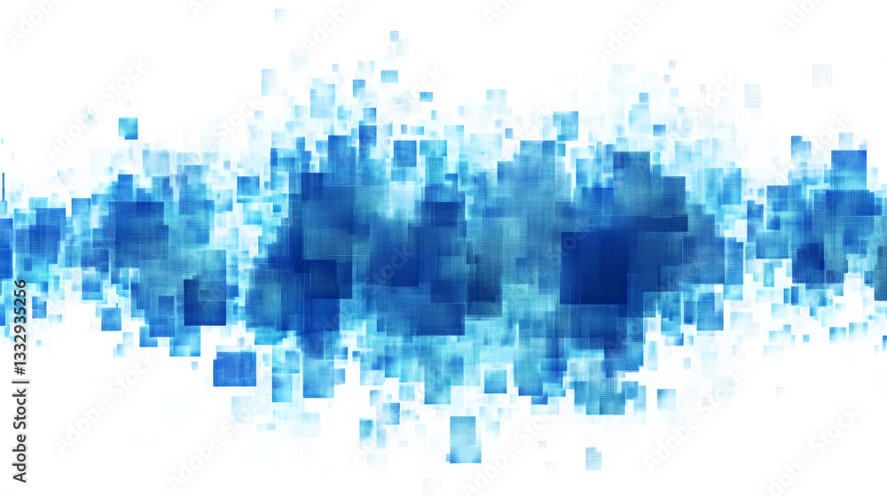 Poster abstract 3d blue square pixel particles scattering, futuristic digital technology pattern isolated o
