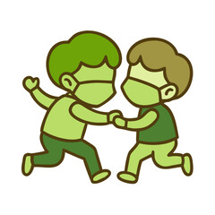 Fototapeta premium Two children playing while wearing face masks icon