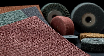 Assortment of Abrasive Tools for Grinding and Polishing, Including Sanding Pads and Rotary Wheels, on a Black Background for DIY and Industrial Use.