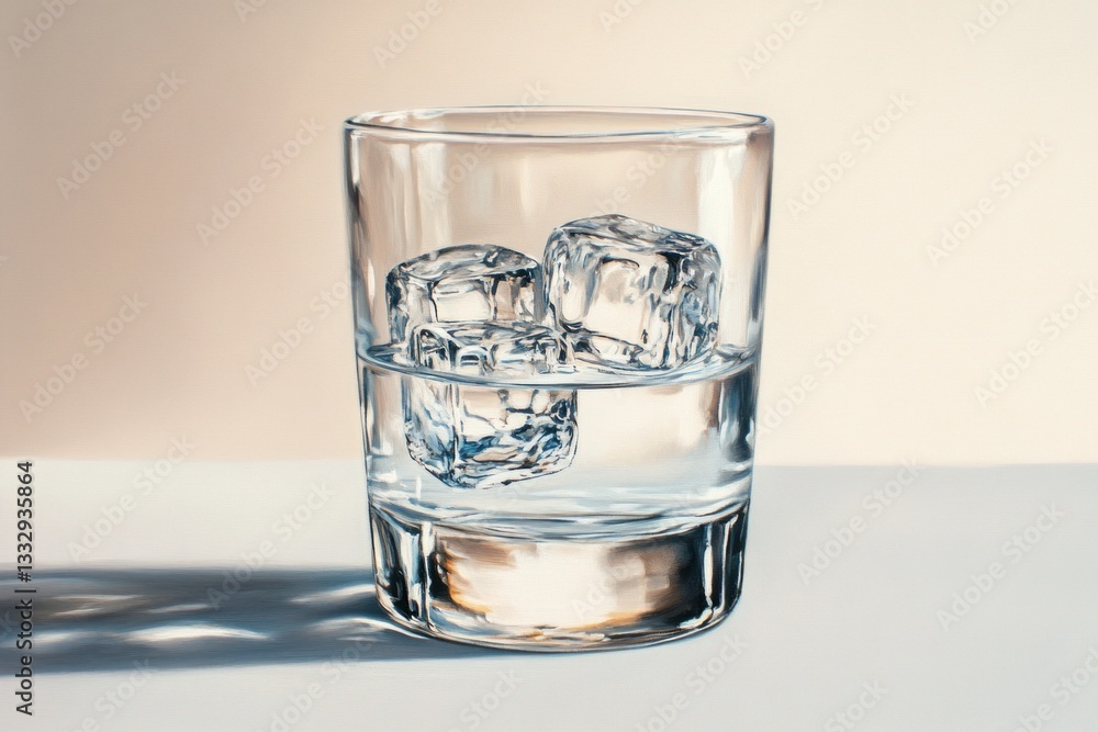 Poster clear glass filled with cold water and ice cubes resting on a minimalist surface under soft light, c