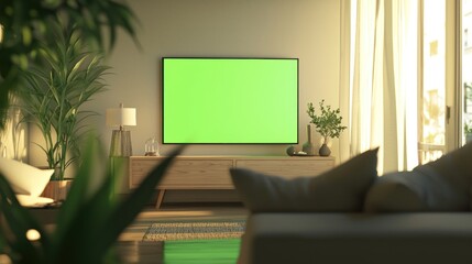 Modern Living Room with Green Screen TV
