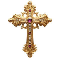 Ornate Golden Cross Adorned with Intricate Carvings Isolated on Transparent Background