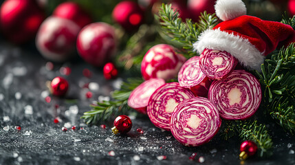 Festive purple radishes wearing a tiny Santa hat surrounded by Christmas ornaments and evergreen branches.