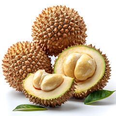 Obraz premium Three spiky durian fruits one cut open to reveal its creamy pale yellow flesh with a few leaves nearby.