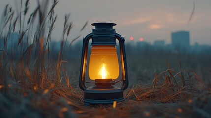 Vintage kerosene lamp illuminating a field at dusk.