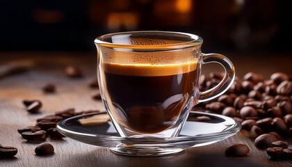 freshly brewed espresso coffee beautifully presented in a transparent cup