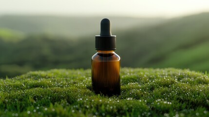 30ml Amber Glass Dropper Bottle with Black Lid on Dew-Covered Morning Grass – Fresh and Natural Display