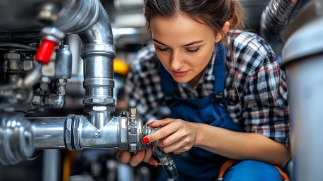 A young woman engineer is working on a heating system in a boiler room