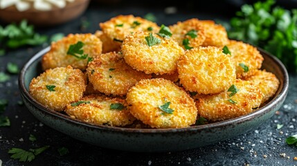 Zucchini slices, fried and breaded, decorated with fresh parsley, in a dark bowl