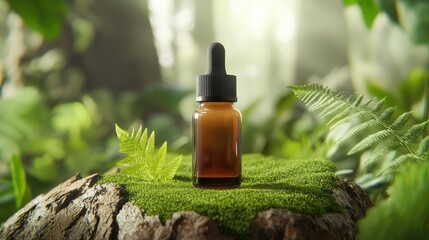 Amber Glass Dropper Bottle with Black Lid on Textured Tree Bark, Surrounded by Ferns and Moss in a Dense Forest &ndash; Earthy and Organic Display