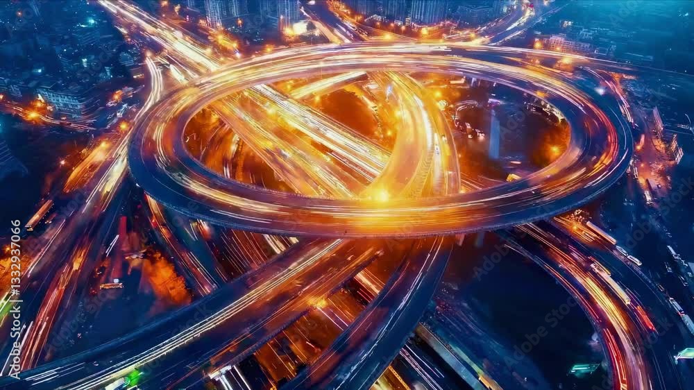 Poster orbital highway interchange. luminous traffic streams intersecting in complex dance. aerial drone pe