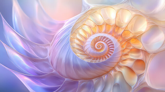 A mesmerizing pearly nautilus shell, a symbol of growth and the golden ratio, exhibiting intricate chambers and luminous pastel hues. Fractal Growth. Illustration