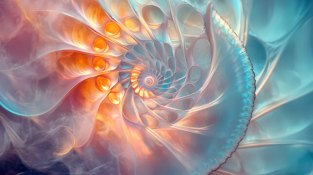 A mesmerizing pearly nautilus shell, a symbol of growth and the golden ratio, exhibiting intricate chambers and luminous pastel hues. Fractal Growth. Illustration