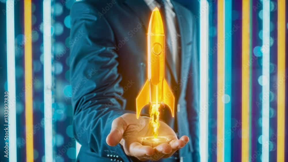 Poster rocket hologram emerges from businessman hand. futuristic technology concept with seamless loop anim