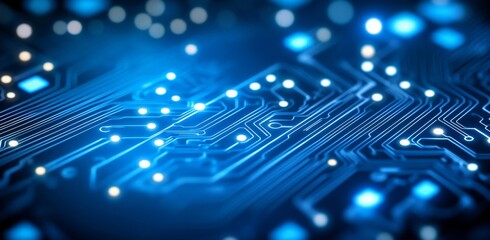 A dark blue background with a blueprint design and electronic components