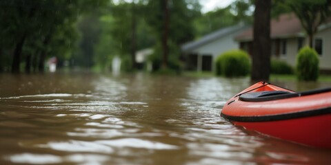 A striking image of a bright orange kayak navigating through a flooded neighborhood, highlighting the effects of climate change and the need for resilience in challenging situations.