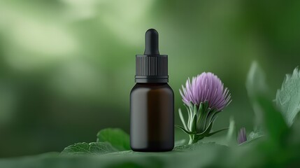 
Dark Glass Dropper Bottle with Black Lid, Surrounded by Abundant Artichokes and Milk Thistle &ndash; Herbal and Natural Display
