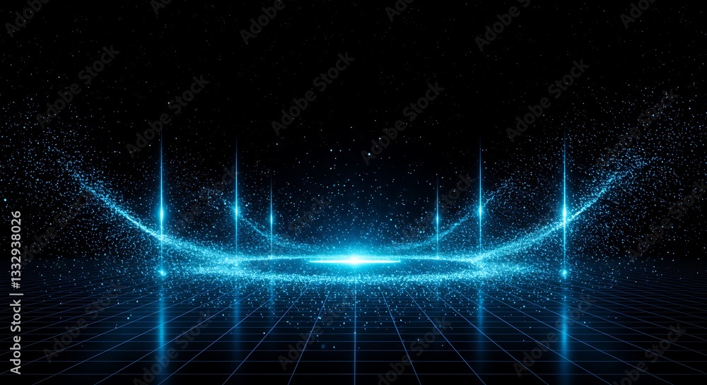 Poster abstract particles flowing circle neon blue light 3d render visual effect