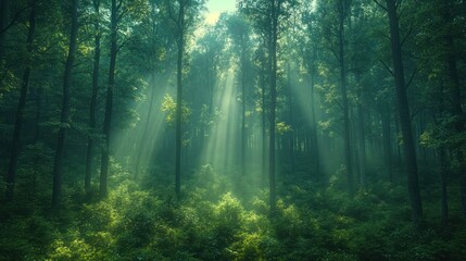 Obraz premium Sunbeams illuminate misty green forest, ideal for nature backgrounds