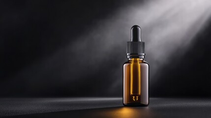 Naklejka premium Luxury 30ml Amber Glass Dropper Bottle with Black Lid Against a Deep Matte Black Background, Highlighted by Soft Lighting and Elegant Rising Smoke – Premium Minimalist Product Display
