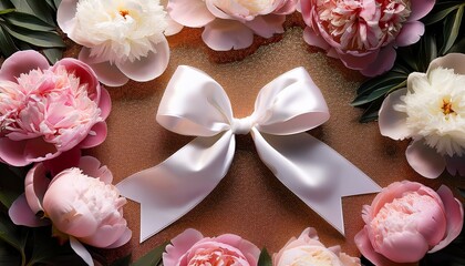 elegant festive card gift bow with white ribbon surrounded by peonies flowers
