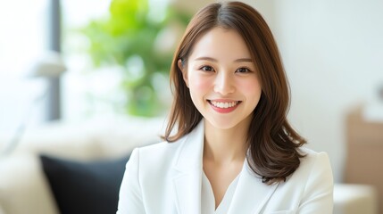 A professional young woman smiles confidently in a bright and modern office space, showcasing a positive attitude and friendly demeanor, suitable for business and lifestyle themes.