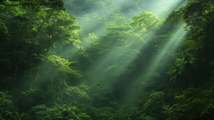 Obraz premium Sunbeams Illuminate Lush Green Forest